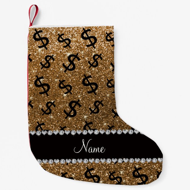 Personalised name gold glitter dollar signs small christmas stocking (Front)