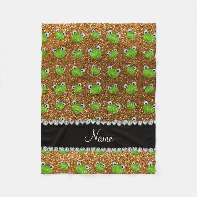 Personalised name gold glitter frogs fleece blanket (Front)