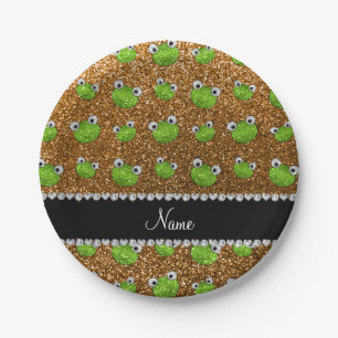 Personalised name gold glitter frogs paper plate