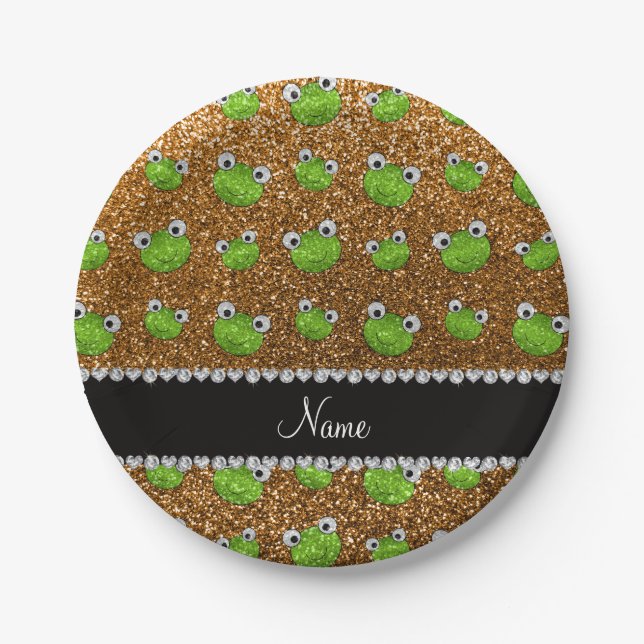 Personalised name gold glitter frogs paper plate (Front)