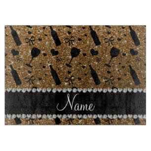 Personalised name gold glitter wine glass bottle cutting board