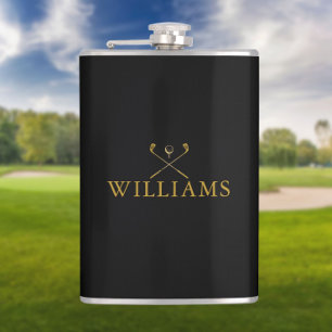 Personalised Name Golf Clubs Gold And Black Hip Flask