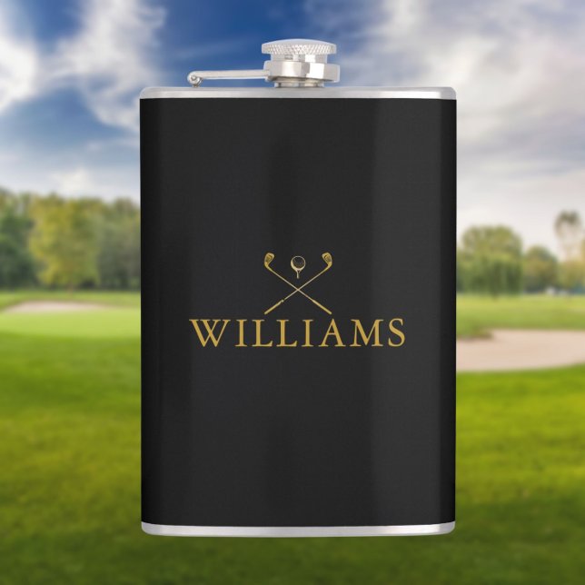 Personalised Name Golf Clubs Gold And Black Hip Flask (Creator Uploaded)