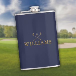 Personalised Name Golf Clubs Gold And Navy Blue Hip Flask
