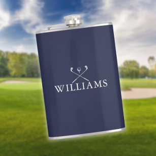 Personalised Name Golf Clubs Navy Blue Hip Flask