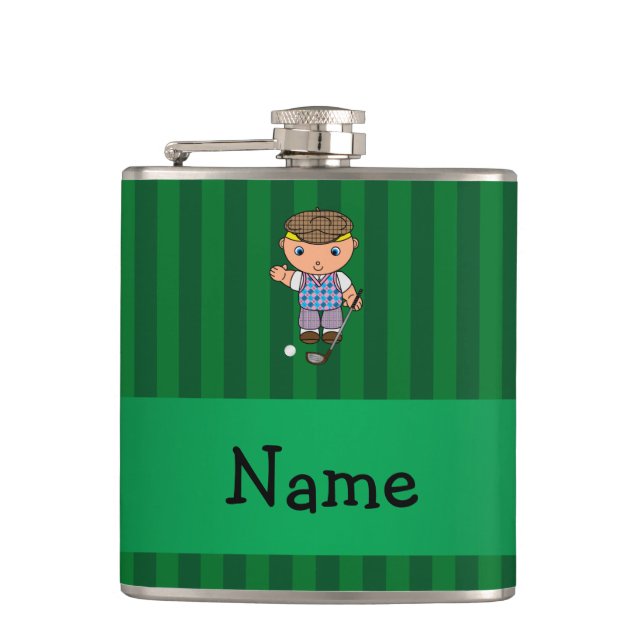 Personalised name golf player green stripes hip flask (Front)