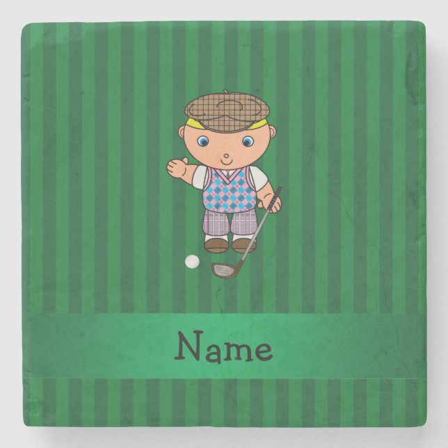 Personalised name golf player green stripes stone coaster (Front)