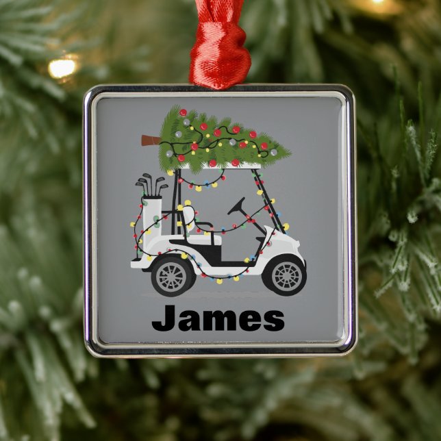 Personalised Name Golfer Christmas Golf Cart Xmas  Metal Tree Decoration (Tree)