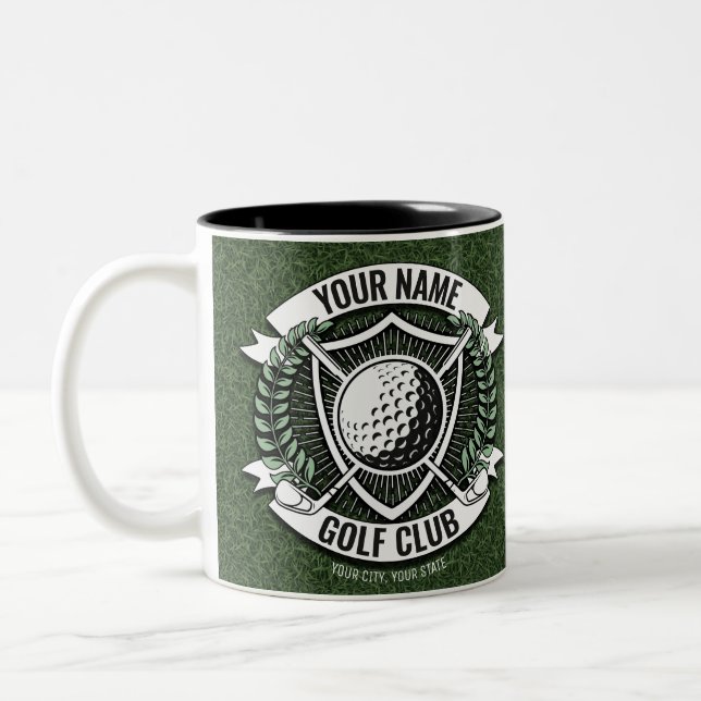 Personalised NAME Golfer Golf Club Turf Clubhouse Two-Tone Coffee Mug (Left)