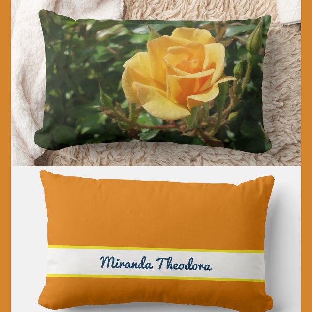 Personalised Name Gorgeous Yellow Rose  Lumbar Cushion (Modern, elegant personalized name accent pillow with stylish calligraphy script. Yellow rose photo)