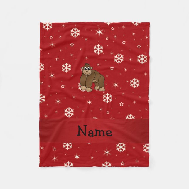 Personalised name gorilla red snowflakes fleece blanket (Front)