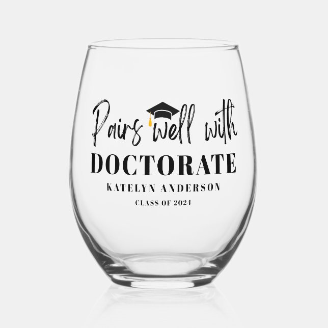 Personalised Name Graduation Year Doctorate Degree Stemless Wine Glass (Front)