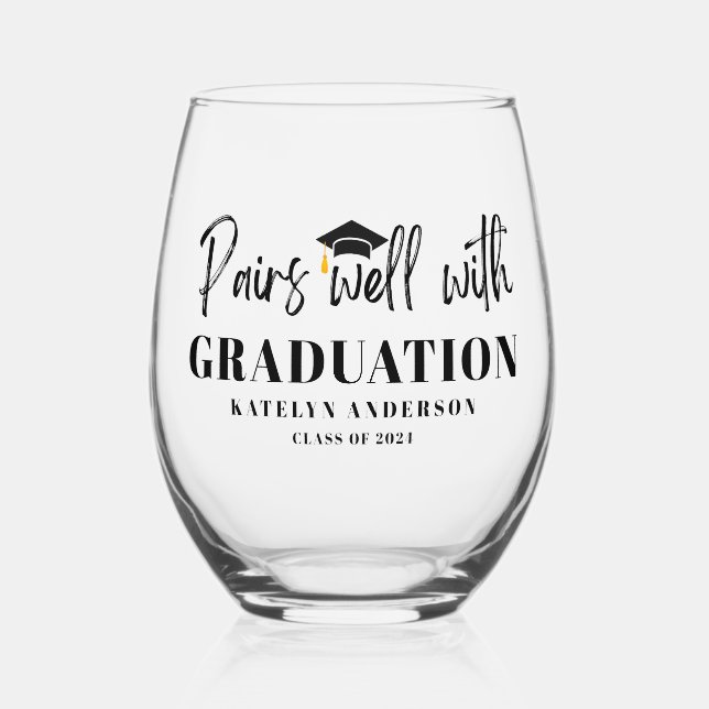Personalised Name Graduation Year Pairs Well Stemless Wine Glass (Front)