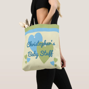 Personalised name green and blue baby toys tote bag