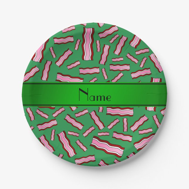 Personalised name green bacon pattern paper plate (Front)