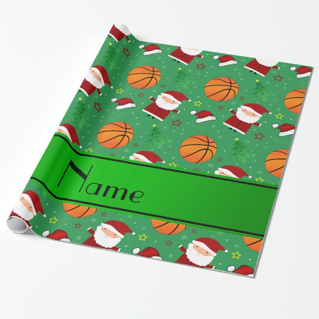 Personalised name green basketball christmas wrapping paper (Unrolled)
