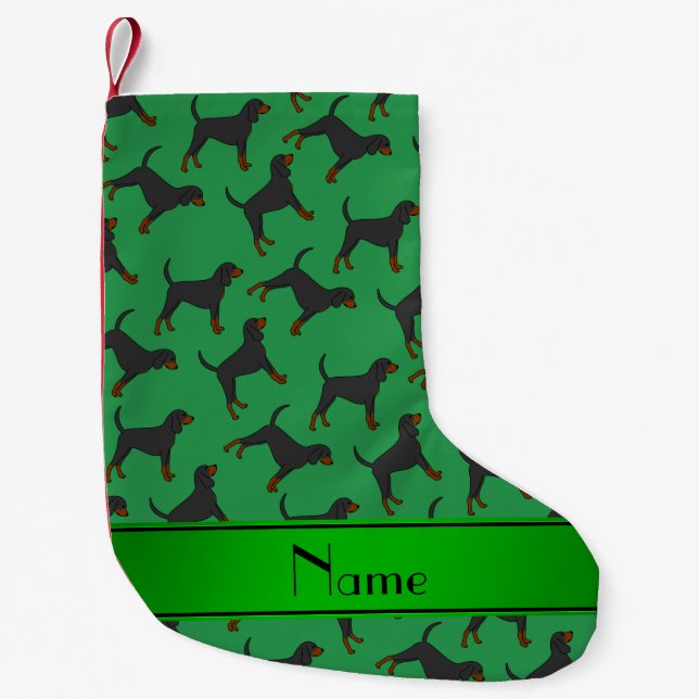 Personalised name green black tan coonhounds small christmas stocking (Front)