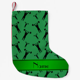 Personalised name green black weightlifting small christmas stocking