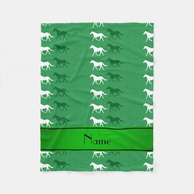 Personalised name green coloured horses fleece blanket (Front)