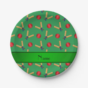 Personalised name green cricket pattern paper plate
