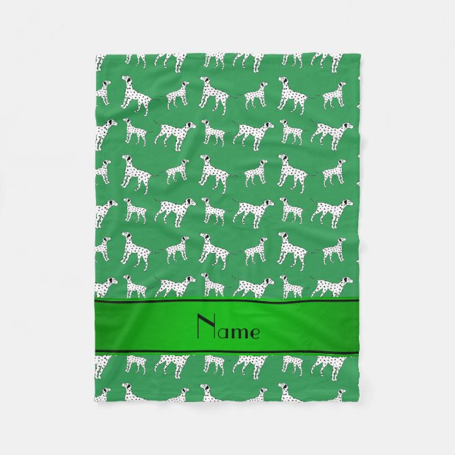 Personalised name green dalmatian dogs fleece blanket (Front)