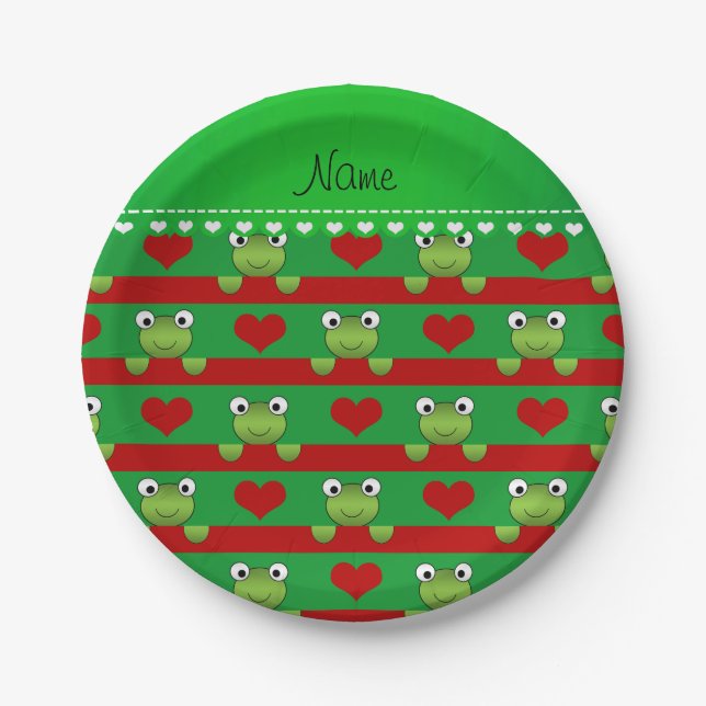 Personalised name green frogs red hearts stripes paper plate (Front)