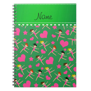 Personalised name green girl gymnasts hearts stars notebook