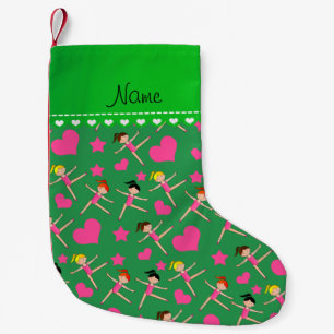 Personalised name green girl gymnasts hearts stars small christmas stocking
