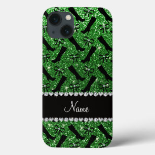 Personalised name green glitter boots bows iPhone 13 case