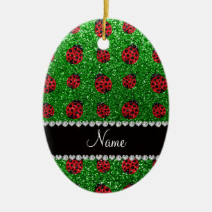 Personalised name green glitter ladybug ceramic tree decoration