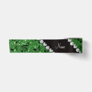Personalised name green glitter music notes satin ribbon