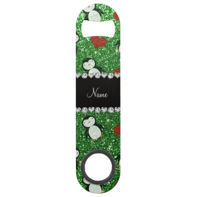 Personalised name green glitter penguins hearts (Front)