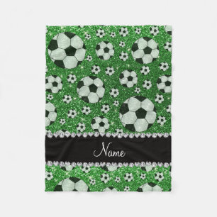 Personalised name green glitter soccer balls fleece blanket