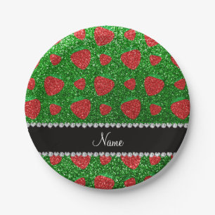 Personalised name green glitter strawberry paper plate
