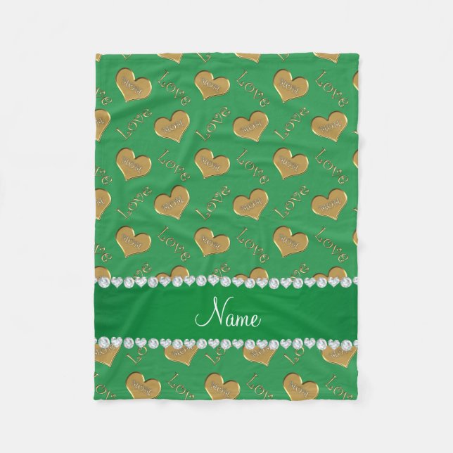 Personalised name green gold hearts mum love fleece blanket (Front)