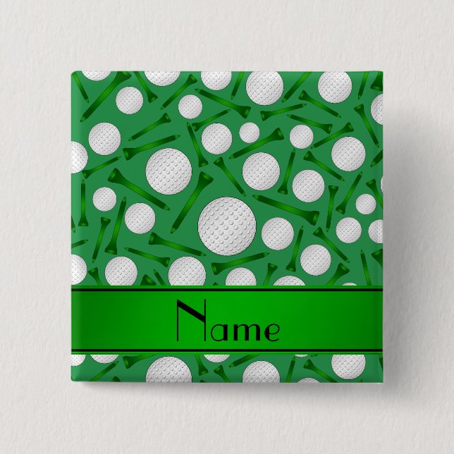 Personalised name green golf balls tees 15 cm square badge (Front)