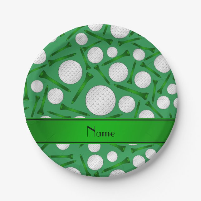 Personalised name green golf balls tees paper plate (Front)