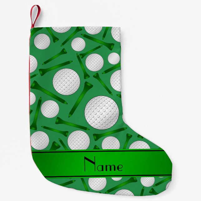 Personalised name green golf balls tees small christmas stocking (Front)