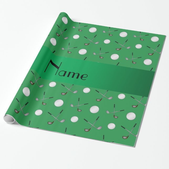Personalised name green golf balls wrapping paper (Unrolled)