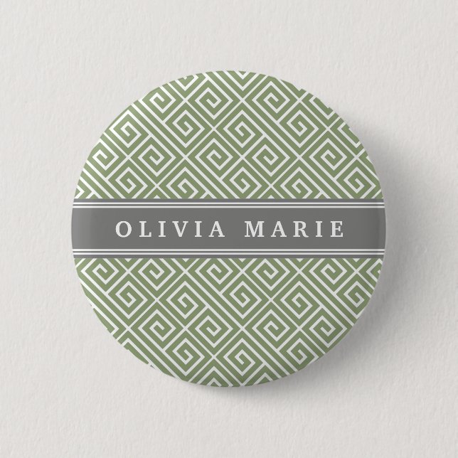 Personalised Name Green Greek Key Pattern 6 Cm Round Badge (Front)