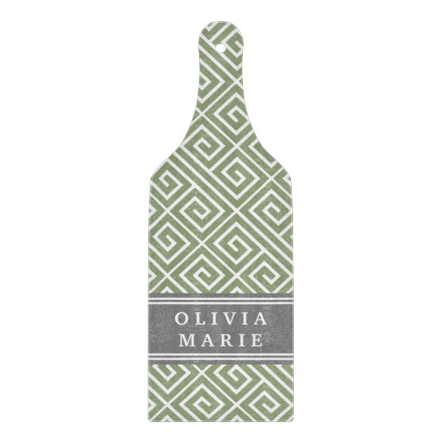 Personalised Name Green Greek Key Pattern Cutting Board (Front)