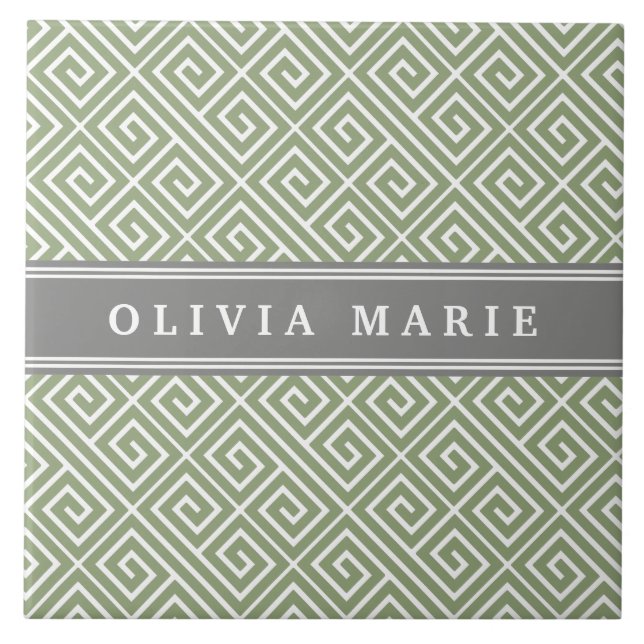 Personalised Name Green Greek Key Pattern Tile (Front)