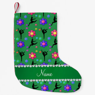 Personalised name green gymnastics flowers small christmas stocking