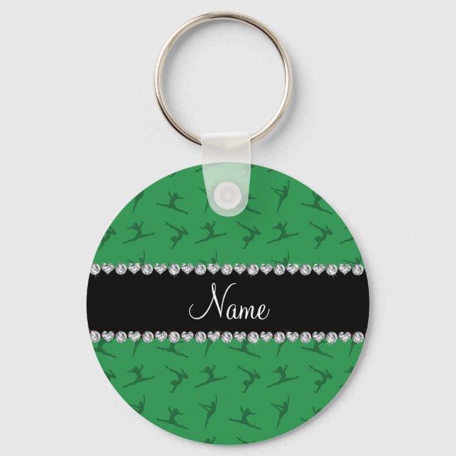 Personalised name green gymnastics pattern key ring (Front)