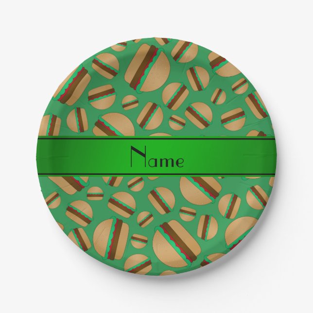 Personalised name green hamburger pattern paper plate (Front)
