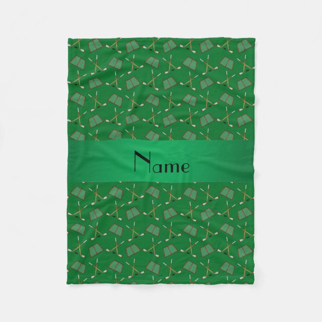 Personalised name green hockey pattern fleece blanket (Front)