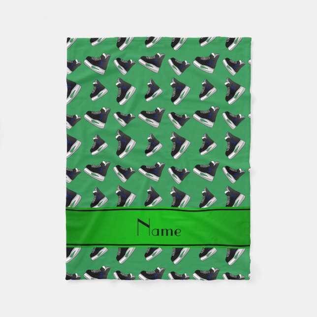 Personalised name green hockey skates fleece blanket (Front)