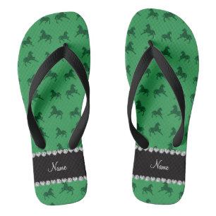 Personalised name green horse pattern flip flops
