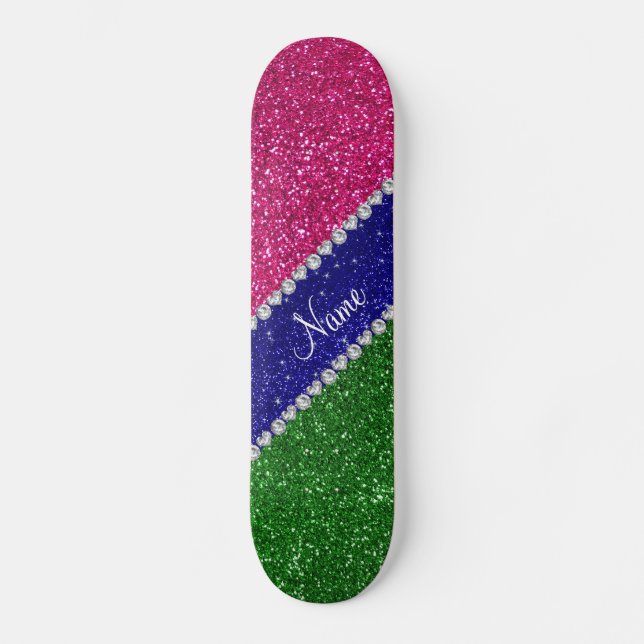 Personalised name green hot pink glitter skateboard (Front)