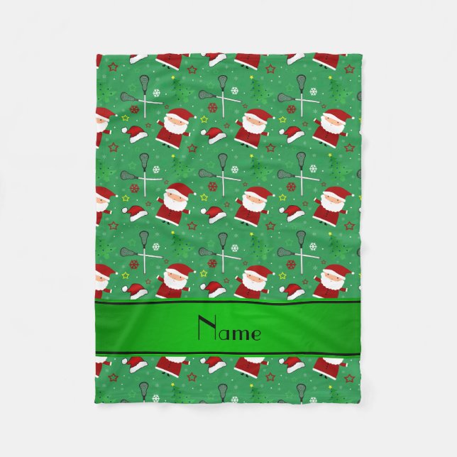 Personalised name green lacrosse christmas pattern fleece blanket (Front)
